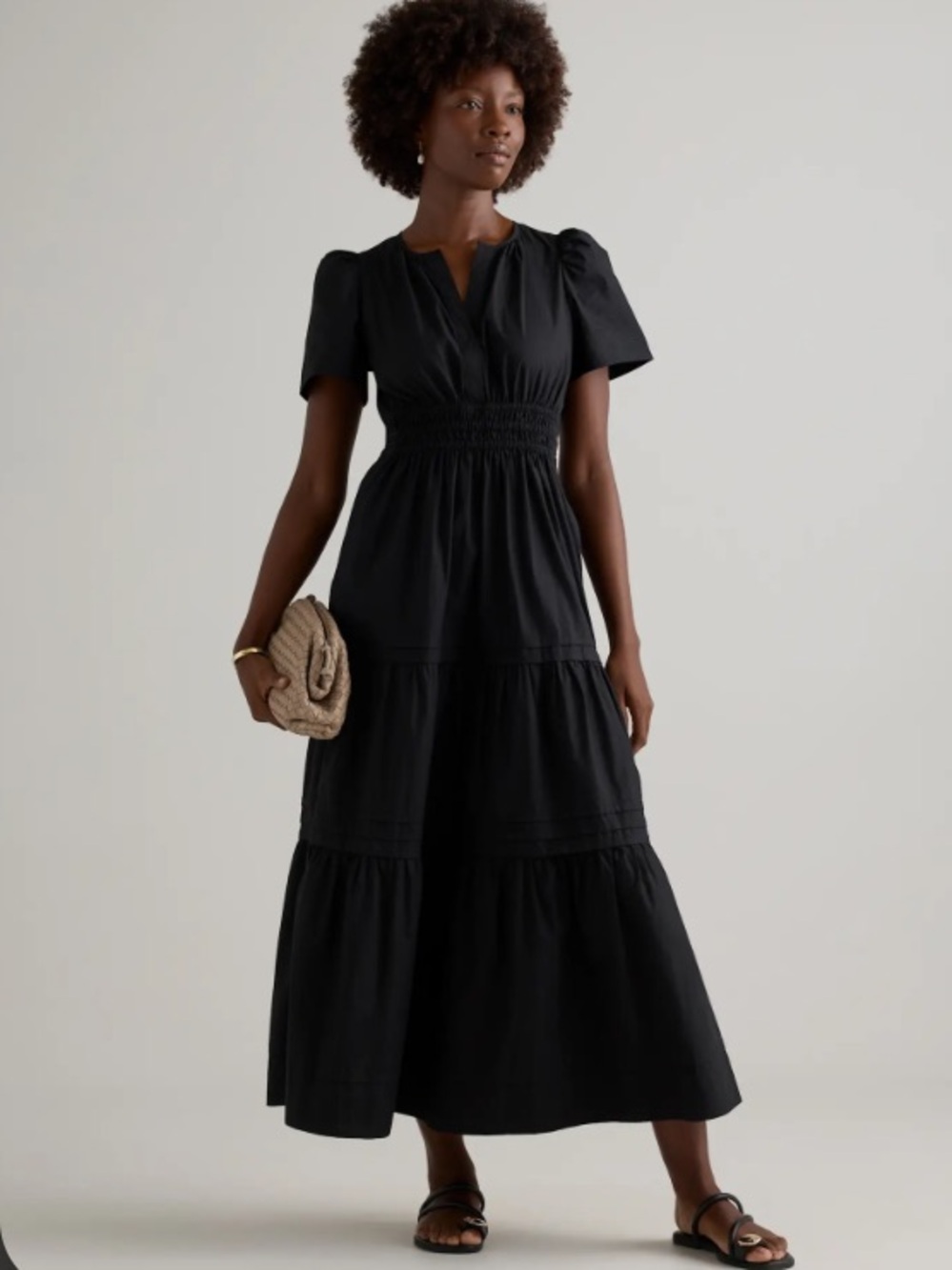 Quince 100% Organic Cotton Poplin Tiered Maxi Dress in Black v neck boho
sz XS
